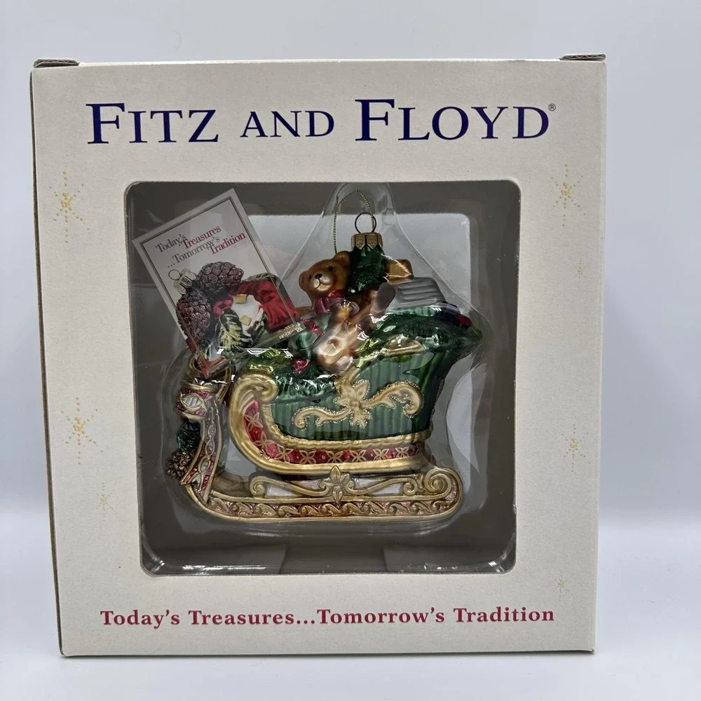 Fitz And Floyd Glass Christmas Tree Sleigh Ornament Teddy Bear Gifts Green Box‎